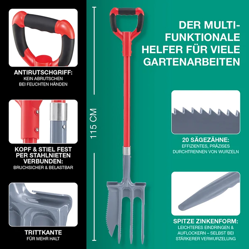EASYmaxx » Spatengabel mit Wurzelsäge « 114 cm, 2-in-1-Tool