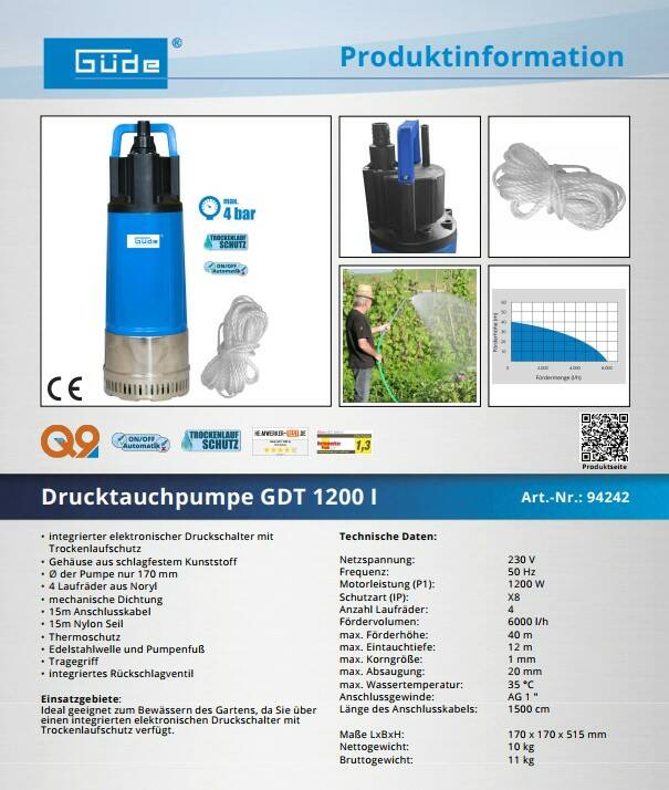 Güde Drucktauchpumpe » GDT 1200 l « Förderhöhe 40 m