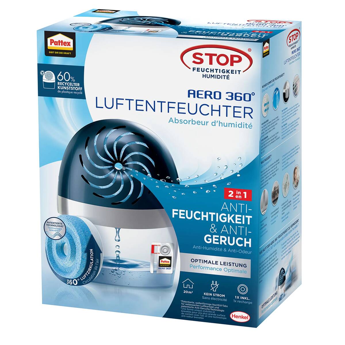Pattex Luftentfeuchter » AERO 360° « hält bis zu 90 Tagen, inkl. 1x Tab Pattex Luftreiniger AERO 360°