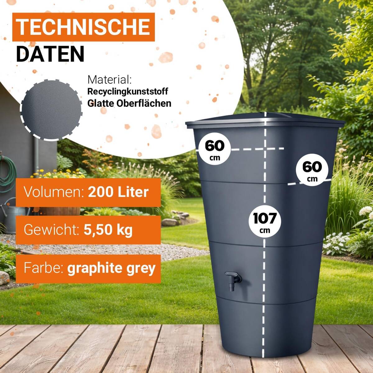 Garantia Regenspeicher » Ibiza « Grau, 200 l, eckig, inkl. Auslaufhahn