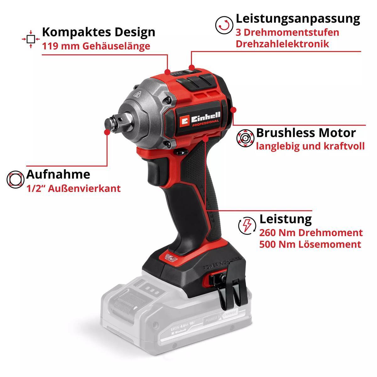 ♦ OUTLET ♦ Einhell Akku-Schlagschrauber » TP-CW 18/260-C Li BL-Solo « 18 V, PXC
