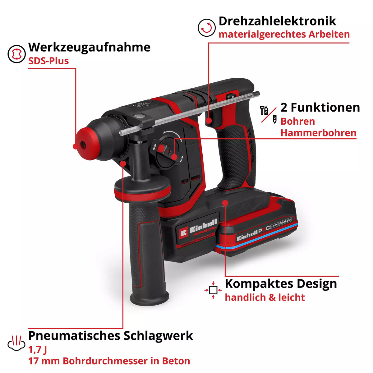 Einhell Akku-Bohrhammer » TP-HD 18/17-C Li BL +5 (3.0Ah) « 18 V, 1,7 J