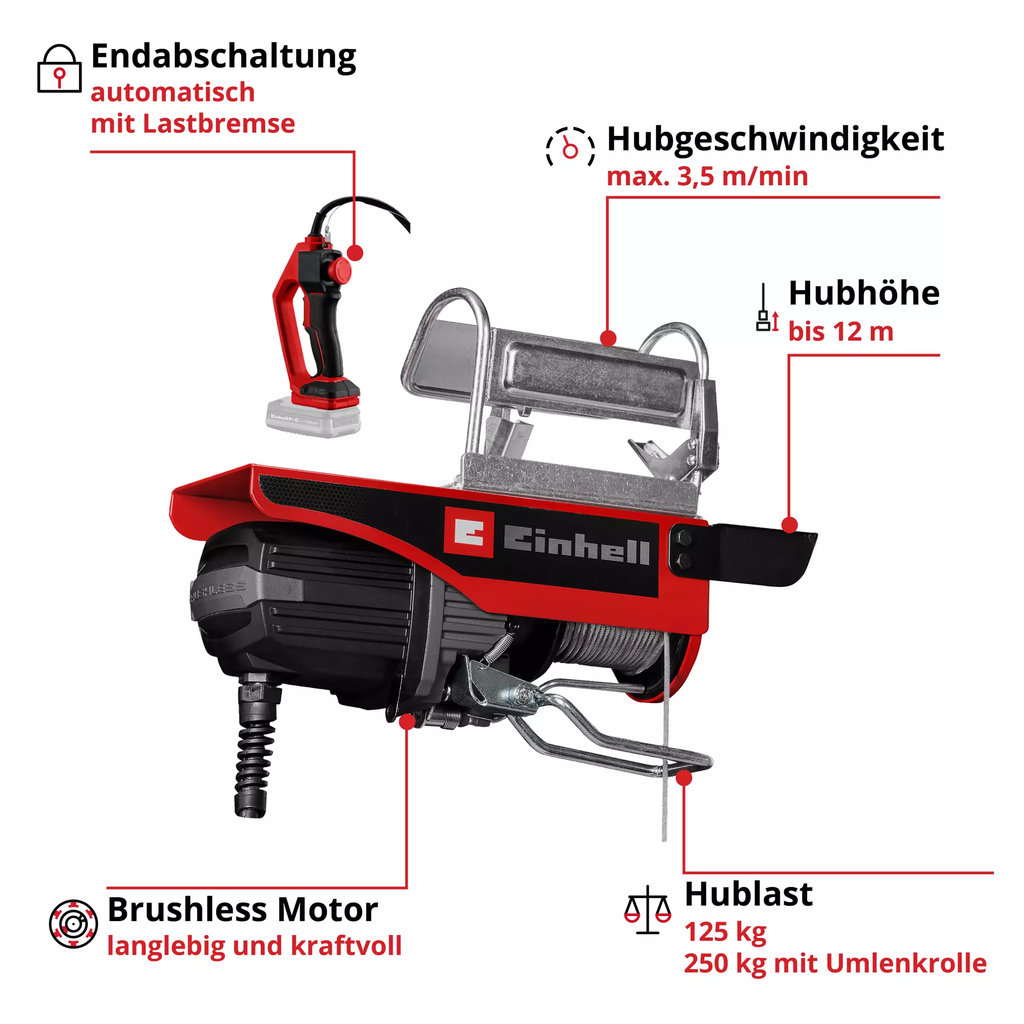 Einhell Akku-Seilhebezug » TE-EH 18/250 Li BL-Solo « bis 125 kg