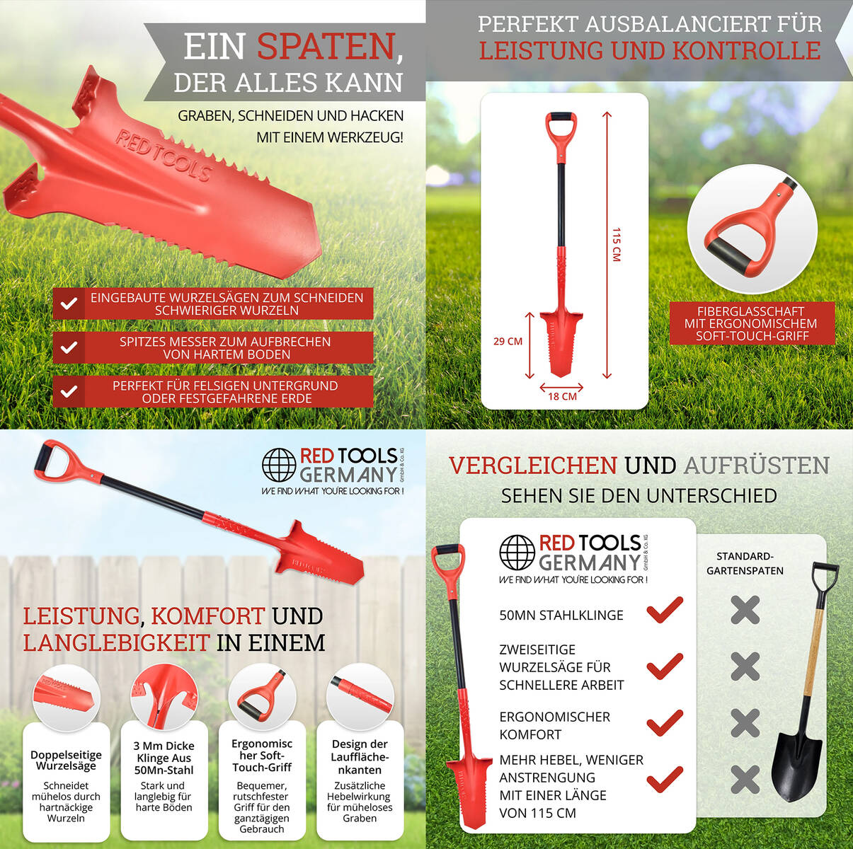 Red Tools Gärtnerspaten » RT20481 « inkl. Wurzelsäge, Soft‑Touch, Rot