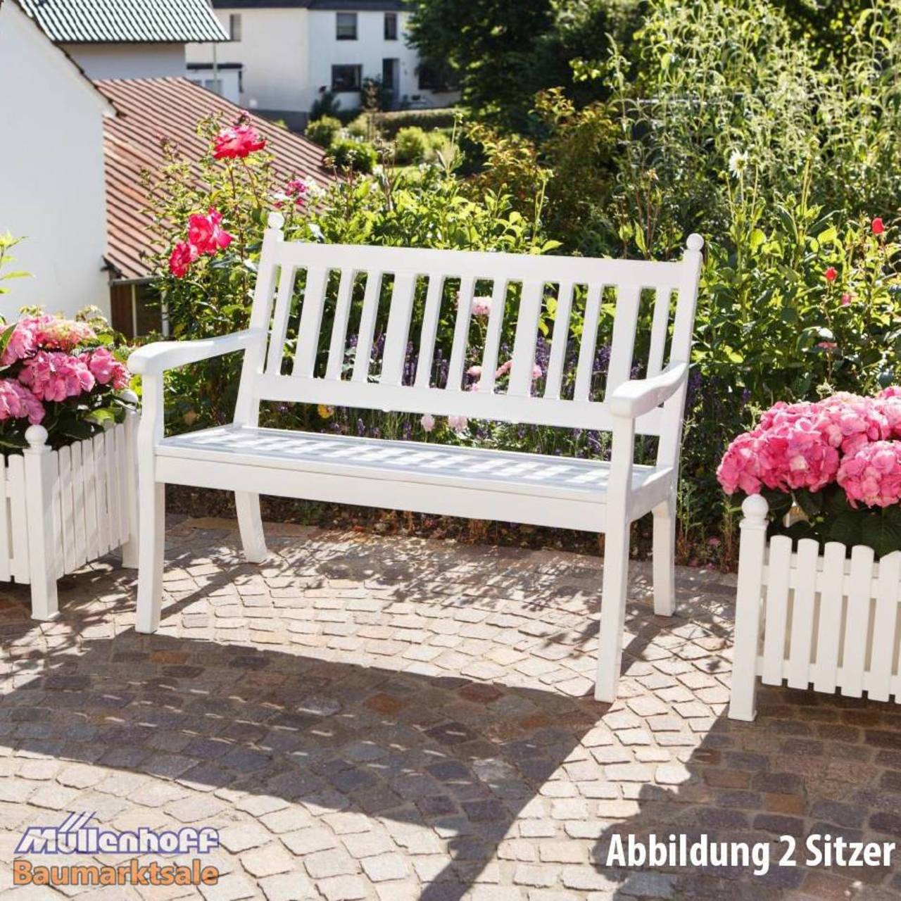 Gartenbank, Landhausbank, Blome Hohenzollern 2-Sitzer weiß, Metall-Profilträger