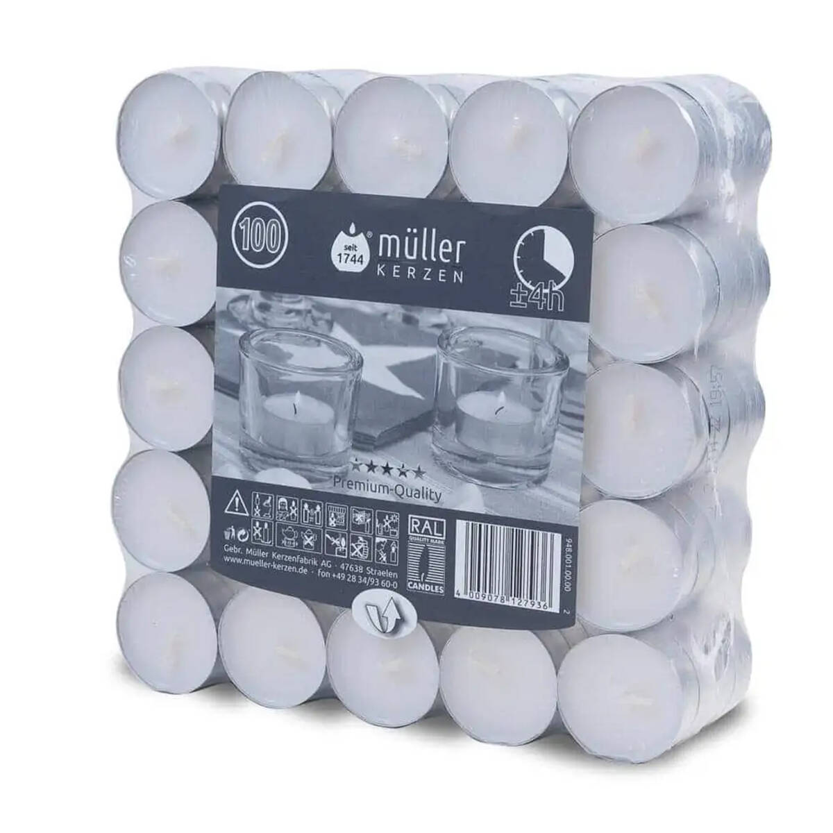 Müller Kerzen Teelichter » 9480010000 « 100er Flatpack, Weiß, 39 mm