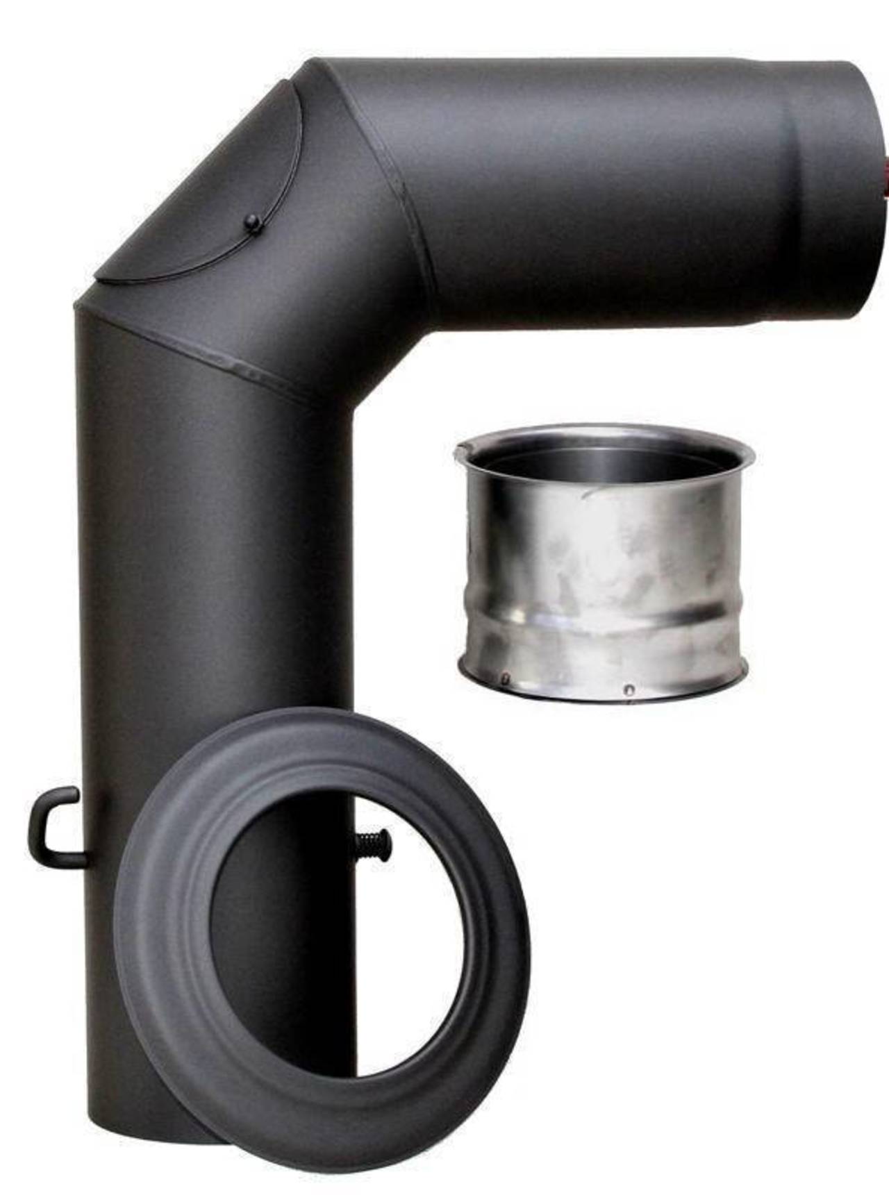 Rauchrohrset mit Segmentbogen, Wandfutter, Rosette ø 150 mm schwarz 2 mm stark Rauchrohrset mit Segmentbogen, Wandfutter, Rosette ø 150 mm schwarz 2 mm stark
