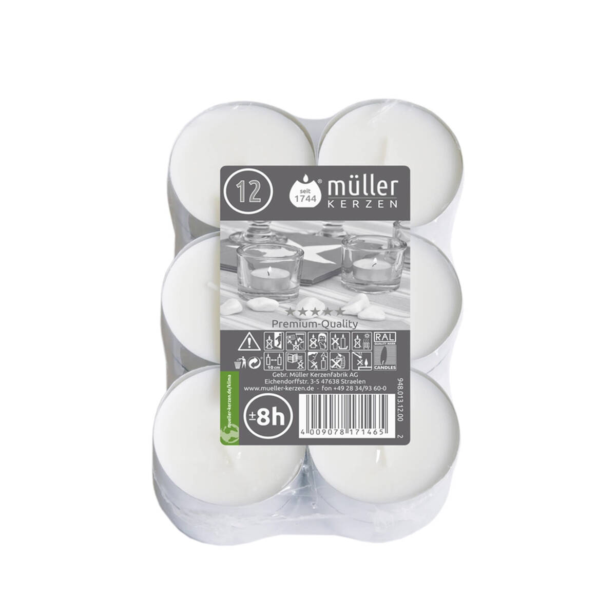 Müller Kerzen Teelichter » 9480131200 « 12er Flatpack, Weiß, 55 mm