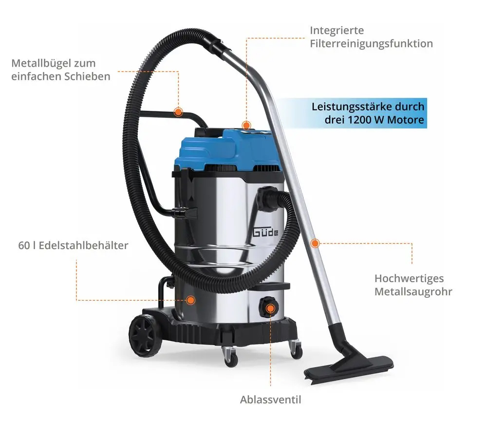 Güde Nass-Trockensauger » GNTS 3-60L « mit Kippfunktion, 3-fach-Motor