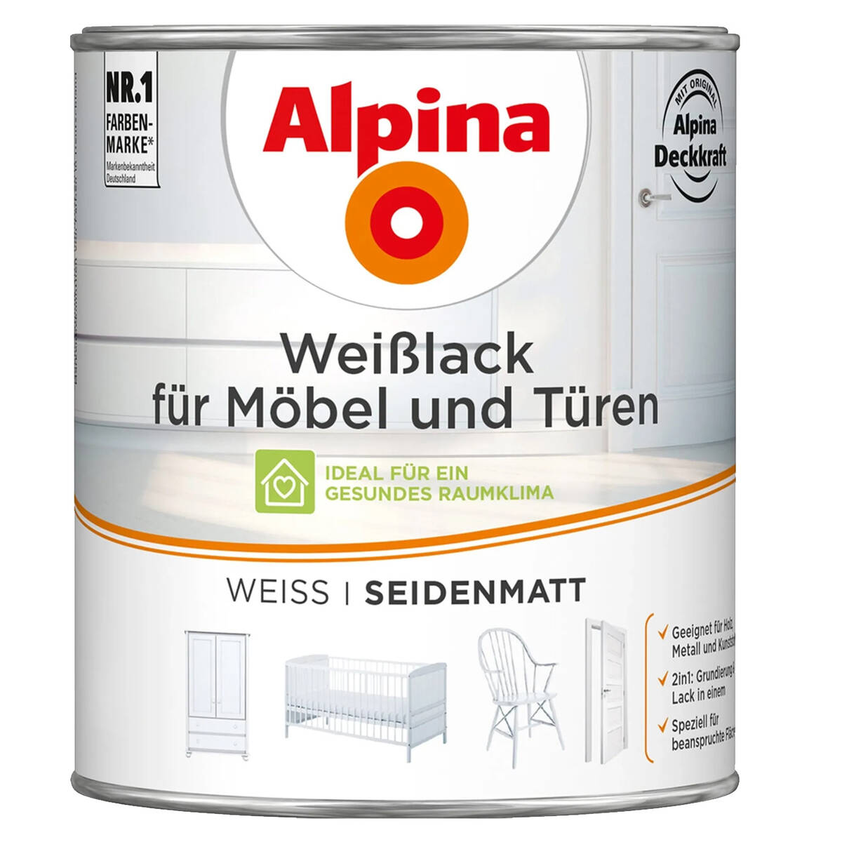 Alpina 2-in-1 Weißlack » Möbel und Türen « seidenmatt, 750 ml